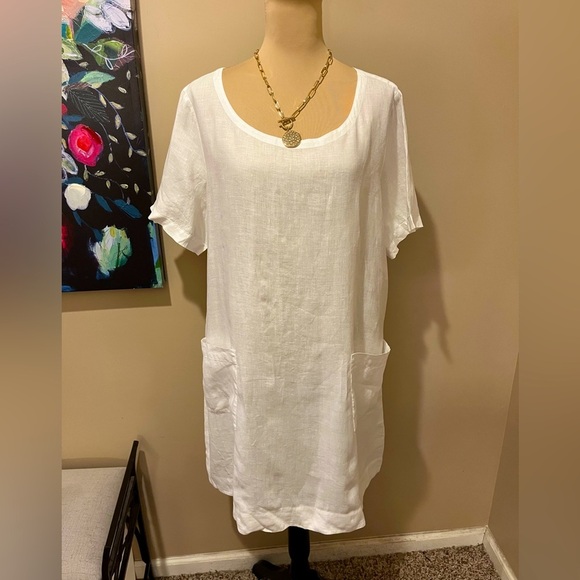 Eileen Fisher White Organic Linen Short Sleeve Scoop Neck Sheath Dress, size XL - Picture 1 of 7